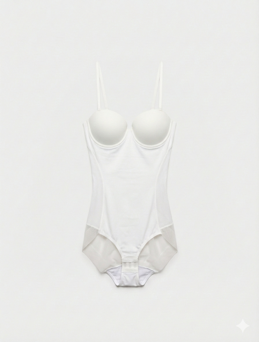 White bodysuit on a light gray background