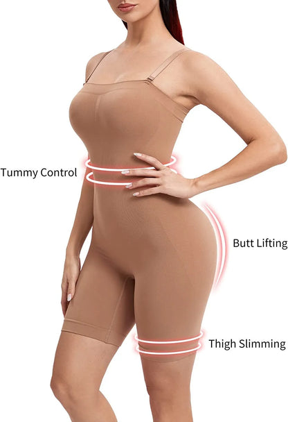 Woman wearing a beige shapewear garment with labeled areas for tummy control, butt lifting, and thigh slimming on a white background.