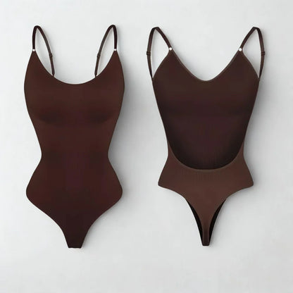 Two brown swimsuits on a light gray background