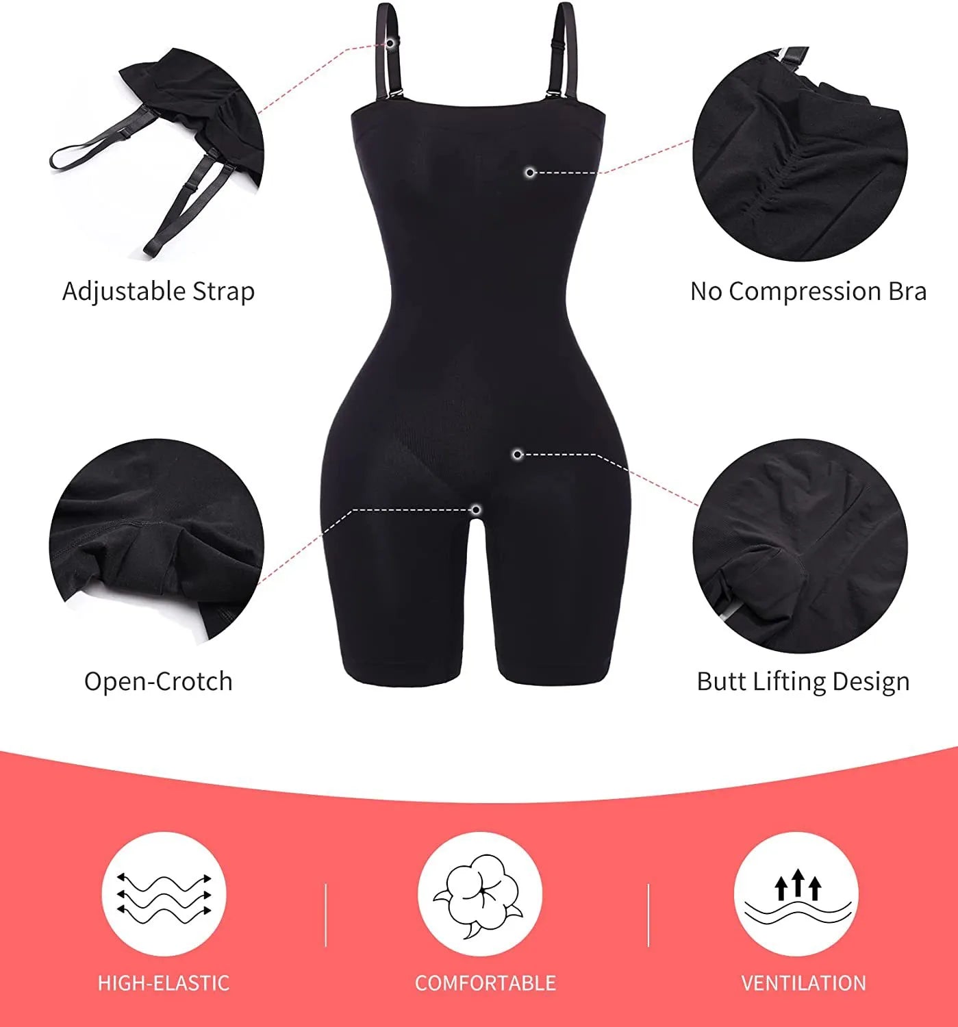 Black shapewear bodysuit with features highlighted on a red background